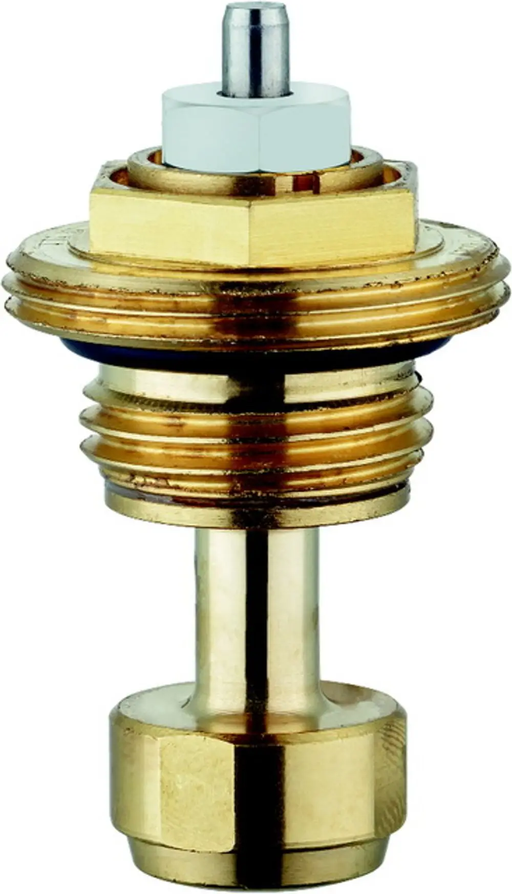 Thermostat-Oberteil aus Messing mit Voreinstellung und Kunststoffkappe, montiert auf einer G 1/2 Anschlussstelle, hergestellt von IMI Hydronic Engineering.